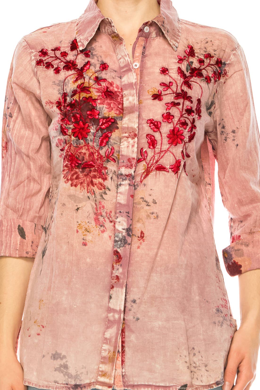 Magazine Clothing - Vintage Pink Floral Printed Shirt with Embroidery: Large