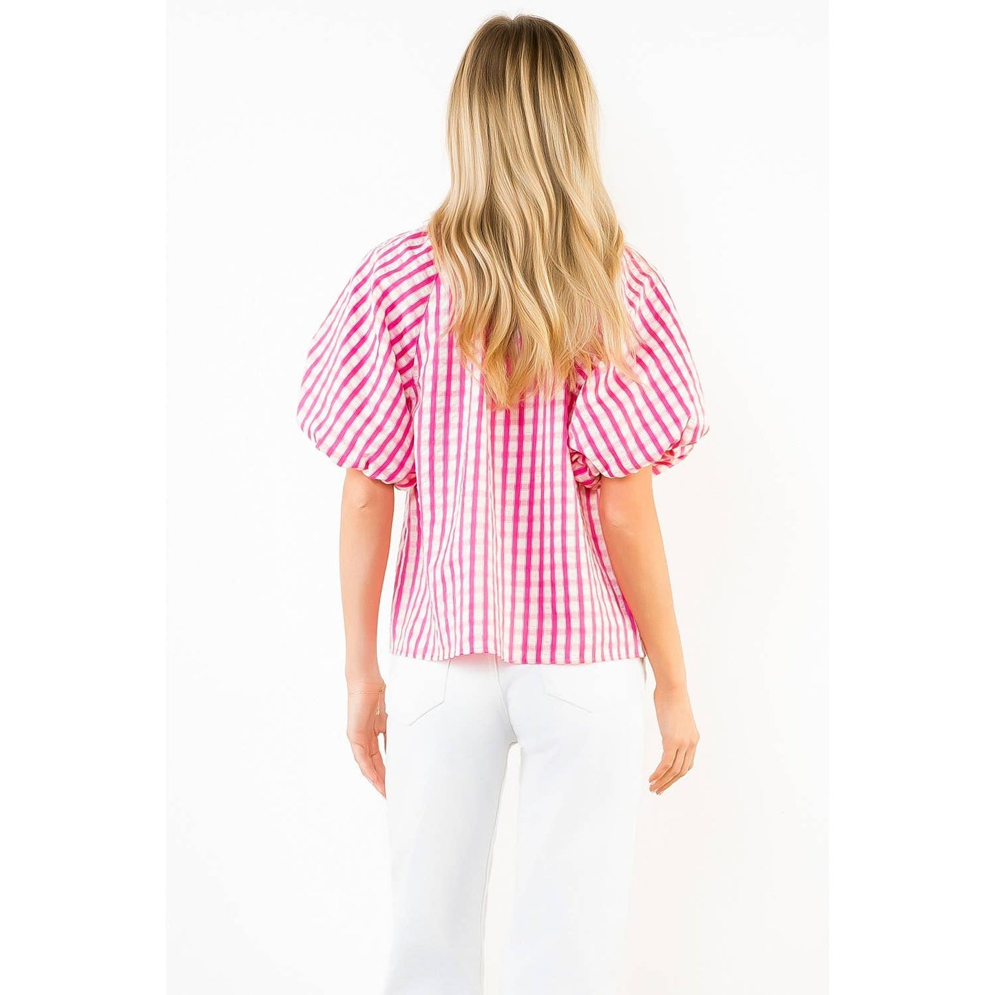 THML - Gingham Puff Sleeve Top: BLUE / XS-S-M-L(1-2-2-1)