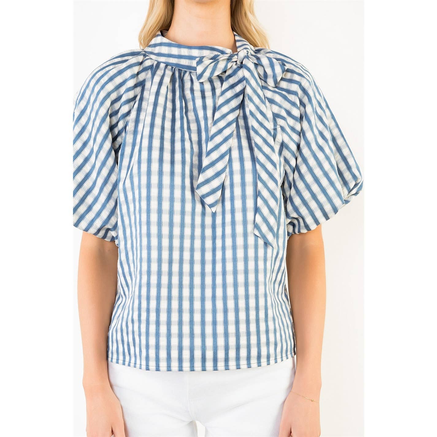 THML - Gingham Puff Sleeve Top: BLUE / XS-S-M-L(1-2-2-1)