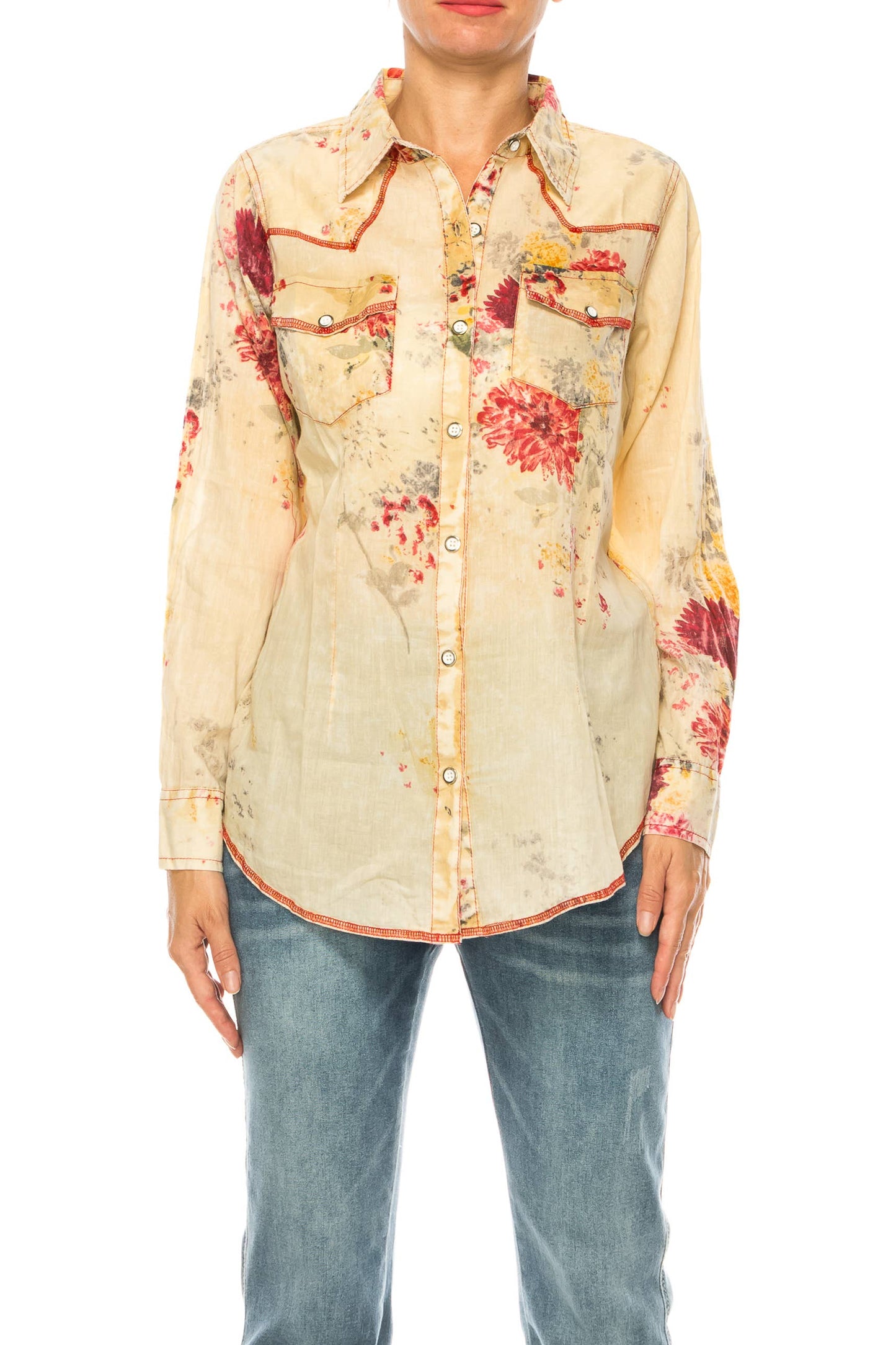 Magazine Clothing - Taupe Floral Button Down Western Shirt: X-Large